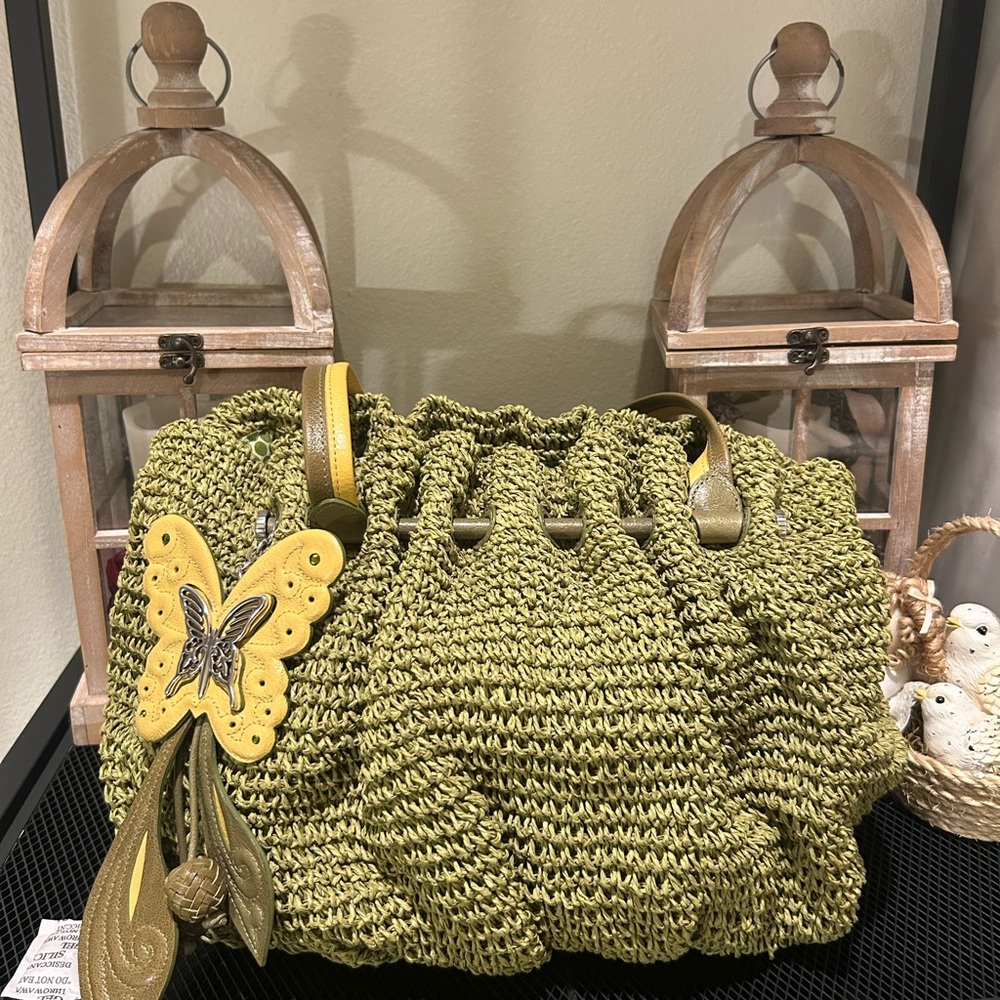 Brighton Green Woven Shoulder Bag with Yellow Butterfly Accent